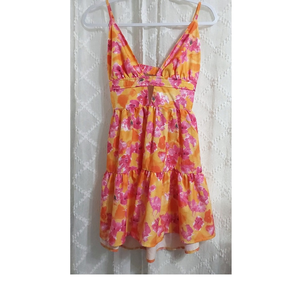 SHEIN Womens Floral V-Neck Cutout Tiered Mini Dress Pink Orange Size Small 4